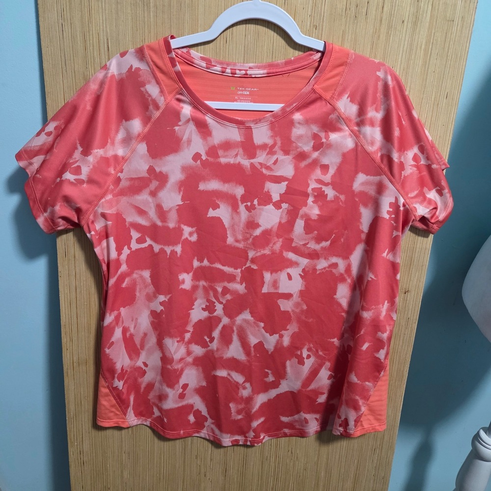 Tek Gear DryTek Womens XL Coral Watercolor Print Activewear T-Shirt Mesh Inset